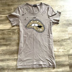 Distressed Gray and Leopard Graphic Tee